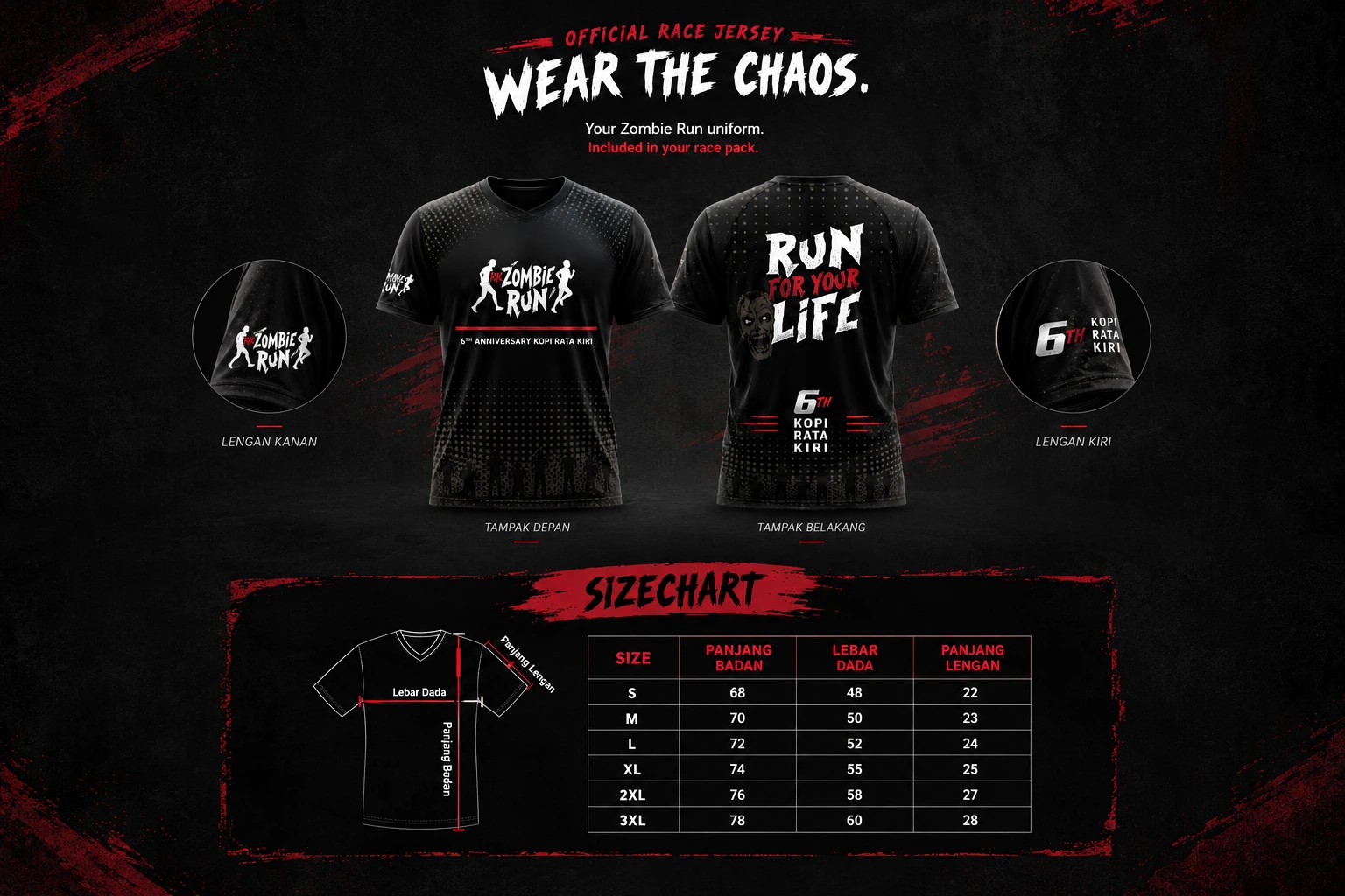 Zombie Run 6K official race jersey front, back, sleeve details, and size chart